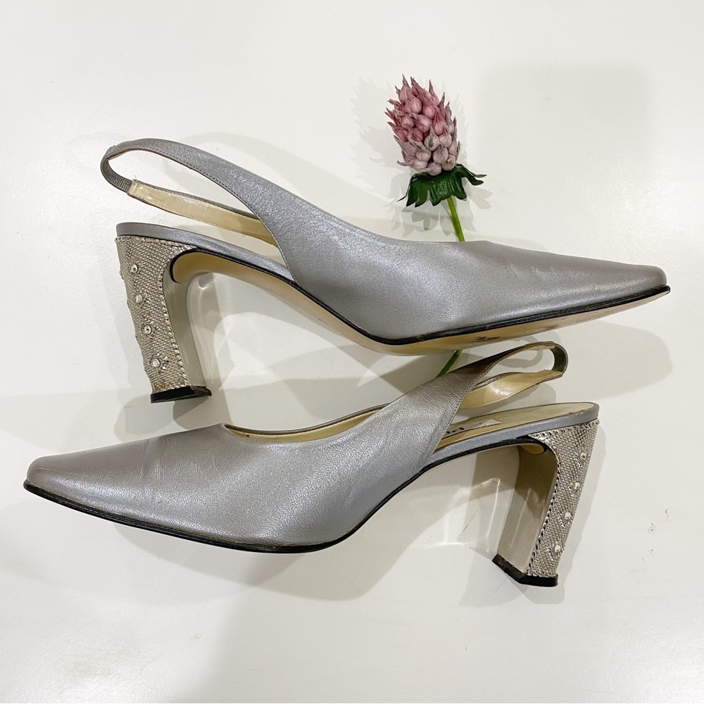 PROXY Metallic Leather Slingback Pumps with Bejeweled Heel Size 10